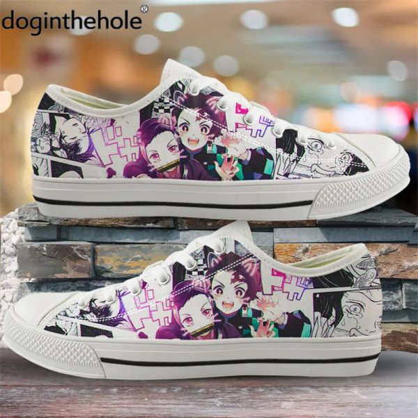 Bot Doginhehole Demon Slayer Erkekler Düşük Üst Beyaz Canvas Ayakkabı Manga Tanjiro Erkek Gündelik Ayakkabı Sıcak Anime Hafif Sneaker Ayakkabı