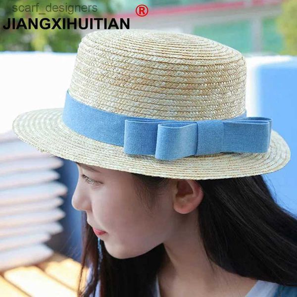 Breite Krempelnhüte Eimer Hüte Großhandel Sonne Flat Strohhut Boater Hut Mädchen Bogen Sommerhüte für Frauen Strand flach Panama Strohhut Chapeau Femme 48-52-54-58cm Y240409