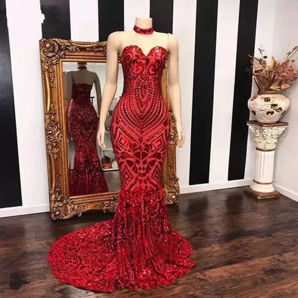 Long Elegant Red Mermaid Prom Dresses Sweetheart Women African Black Girl Abito da sera con paillettes personalizzato BC9961