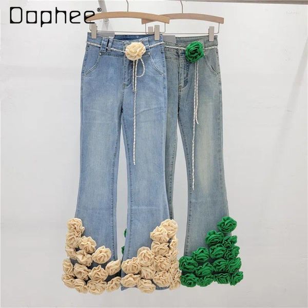 Jeans femininos 3D Flores Denim Denim Jean Troushers For Women 2024 Primavera e Summer Streetwear Woman High Women Skinny Blue