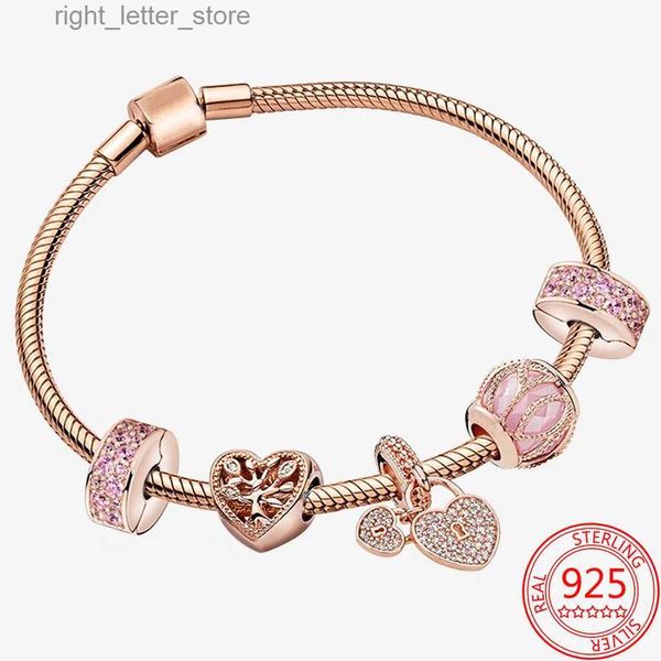 Armreifen 100% echtes 925 Sterling Silber Herzförmiges Roségold-Stammbaum-Charmalme Armband Set Pink Murano Crystal Womens Armband Set Geschenk YQ240409