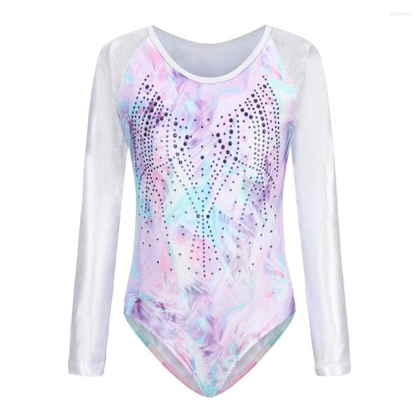 Bühnenbekleidung Girls 'Long Sleeve Ballet Gymnastics Lotard High Stretch Gradient Print funkelnder Tanzkleidung BodySuit für 5-12 Jahre.