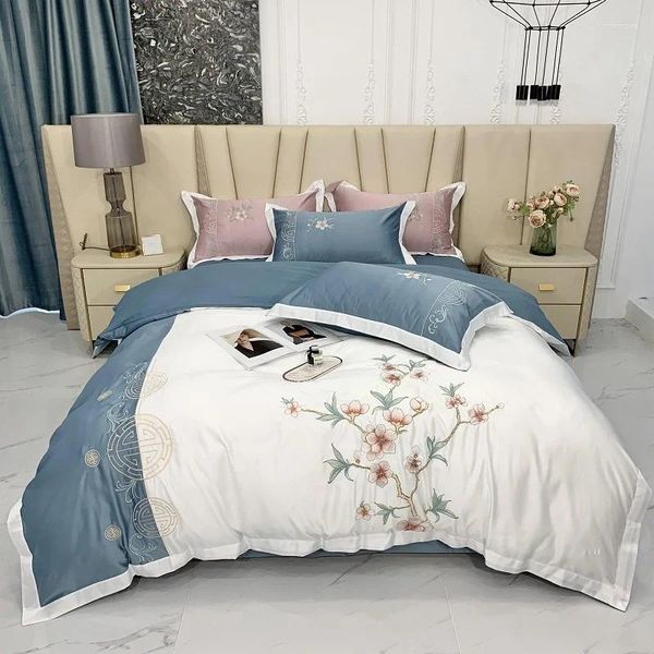 Bettwäsche Sets Luxus Magnolia Blume Stickerei 4pcs Set Satin Seiden Baumwolle Duvet Cover Quilt Bettdeckel ausgestattetes Blatt