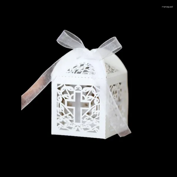 Geschenkverpackung 10pcs Cross Laser Cut Hochzeit Geschenke Geschenke Box hohl Religiöse Süßigkeitenschachteln mit Band Taufe Babyparty Party Dekor Dekor