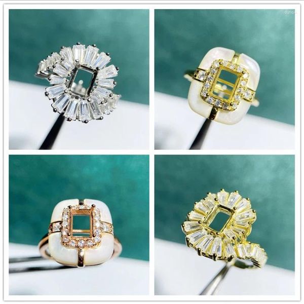 Cluster Rings Meibapj 5 мм 7 мм Real 925 Silver Fashion прямоугольник каменное цветочное кольцо настройка Diy пустые держатели для женщин прекрасное украшение