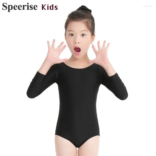 Bühnenbekleidung Kindertanz -Outfit Body Ballet Kostüm für Gymnastik Teen Girls Nylon Spandex Langarm Sport tanzt runder Nacken