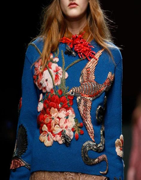 2020 Spring Christmas Runway Women Pullovers Sweatters Luxury Azul Beading Bird Borderyery Vintage Ladies Knit