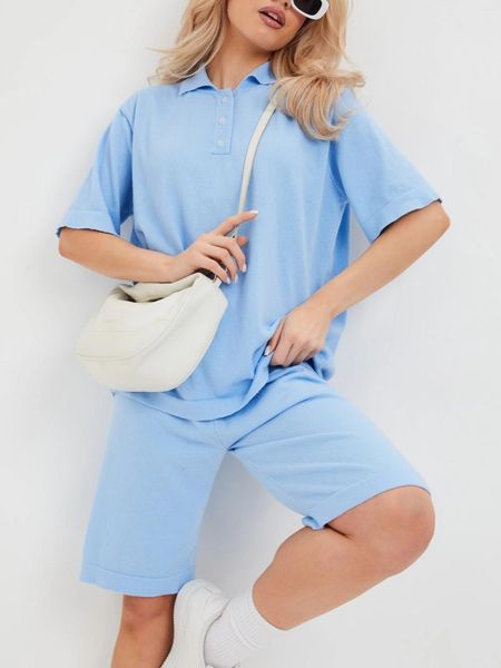 Studi per tracce femminile Abito a maglia blu con pantaloncini per donne 2024 Summer Up Polo Collar T-shirt Set a due pezzi set di turio da tuta da pista