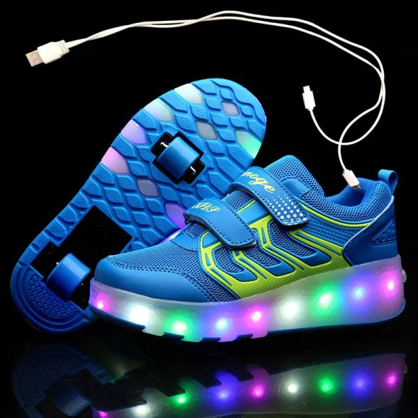 Sneakers USB Charging Children Skate Sapatos casuais meninos meninas jazz automáticas lideradas com tênis brilhantes e iluminados com rodas com rodas