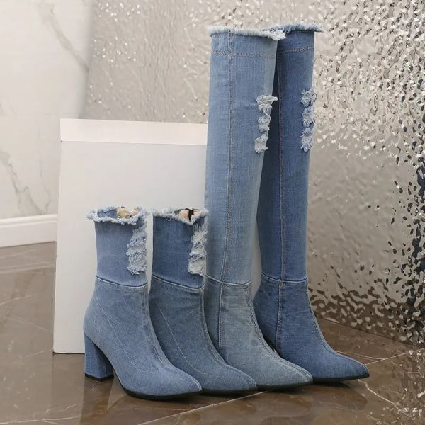 Сапоги счистились джинсовые джинсы синие растягиваемые носки ботины сексуальные блок высокие каблуки дамы щиколотки короткие туфли Overknees Overthe Knee Long Boots