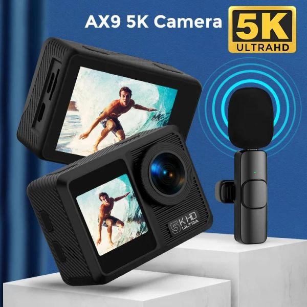 Kameras neue Outdoors AX9 5K Sportkamera 4K 60fps EIS Video -Action -Kameras 24 MP, mit drahtloser Mikrofon -Touchscreen -Fernbedienung