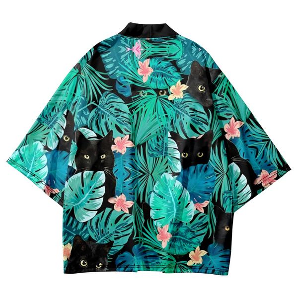 Süße Katze Blätter gedruckt losen japanischer Kimono Beach Shorts Männer Frauen Streetwear Yukata Shirt Haori Strickjacken Cosplay