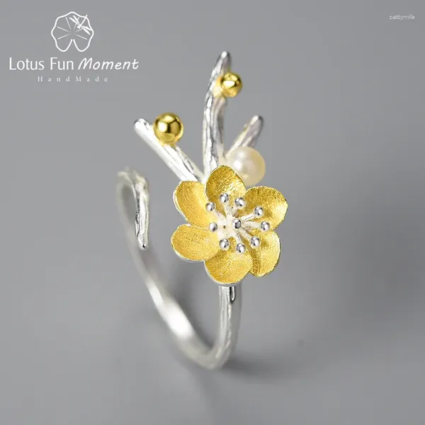 Clusterringe Lotus Spaß moment natürliche Perle Verstellbare Vintage Winterblüte und Schneeblume für Frauen 925 Sterling Silber Schmuck