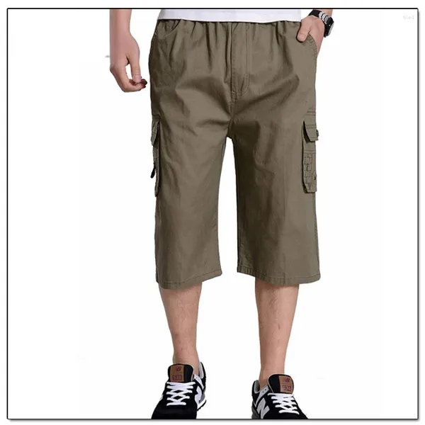 Shorts masculinos verão fino fino de meia-idade de cor sólida emendada saco de boca grande cintura elástica casual versátil sete pontos praia