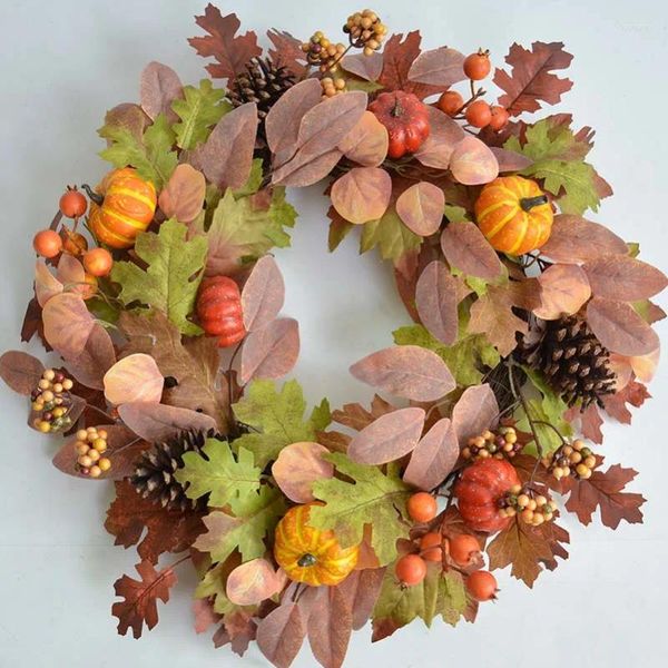 Flores decorativas de 24 polegadas de 24 polegadas de grinalda artificial Pumpkin Pine Tower Home Door Wall Decoration Planta de outono