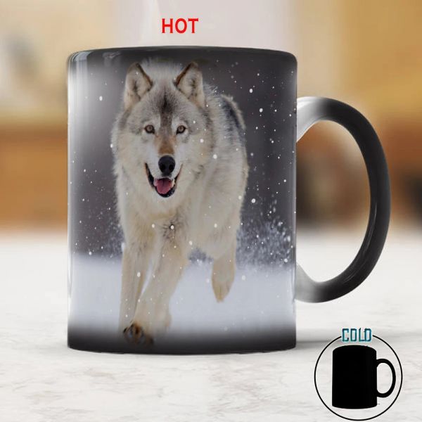 Inverno Snow Lobo Animal Calor Sensível Coffeição de Caneca de Caneca 350ml Magic Corâmica Mudança de Tea Cups