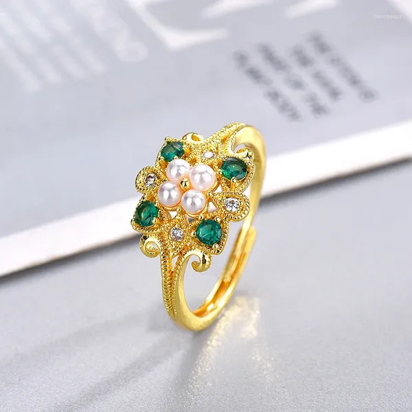 Rings de cluster Classic vintage Green Crystal Pearl Anel ajustável para mulheres Bride Wedding Fashion Jeweliss Acessórios Presente de aniversário