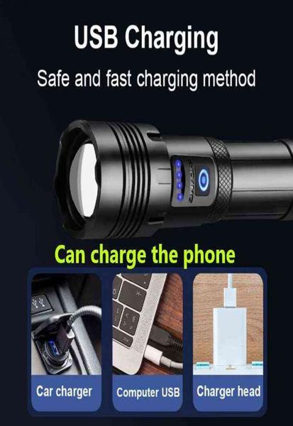 Super 120 Flashlight LED più potente 90 Torcia ad alta potenza Luce ricaricabile ricaricabile tattico 18650 Lampada da campeggio USB 2203408569