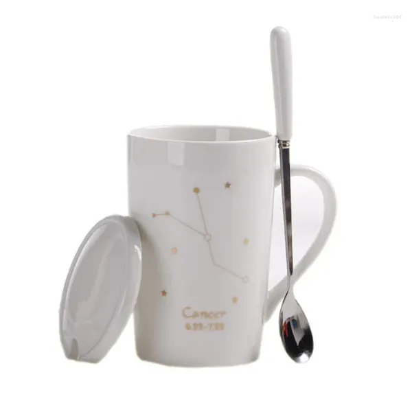 Tazze con scatola regalo 12 Constellazioni Ceramica creativa cucchiaio coperchio bianco in porcellana zodiacale tazza di caffè da 400 ml di acqua 1 set