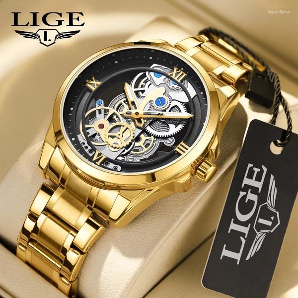 Нарученные часы Lige Top Man Watch Creative Hollow Fashion Watches for Men Business Водонепроницаемая группа из нержавеющей стали