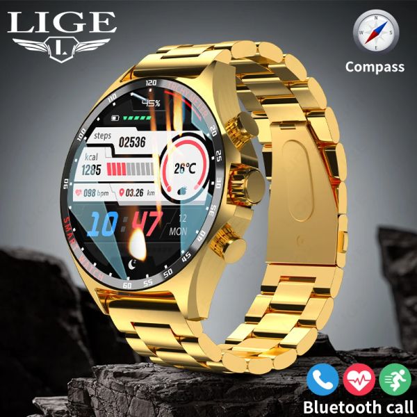 Uhren Lige 2023 Smartwatch für Porsche Smart Watch Men Digital Uhren Outdoor Sports Compass und NFC Bluetooth Call Armbandwatch Golden