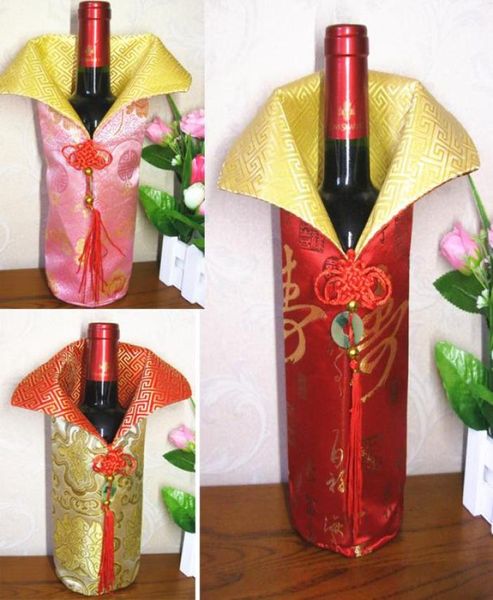 Copertina cinese per bottiglie di vino in seta fatta a mano con nodo cinese Capodanno a bottiglia di decorazione di decorazioni per tavolini 4284792