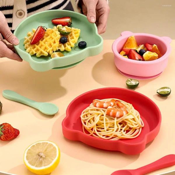 Bowls 3pcs/Set Kids Tischgeschirr Set tragbare Baby Silikonplatte Schüssel Kleinkind Fütterung wiederverwendbare Kleinkinder mit Kieselgel Löffel