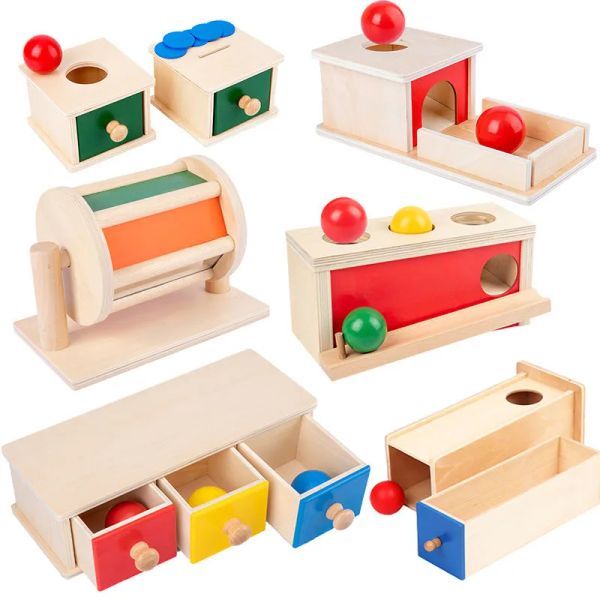 Montessori Wooden Box permanente Box Coin Box Testile Drum Drum Aids.