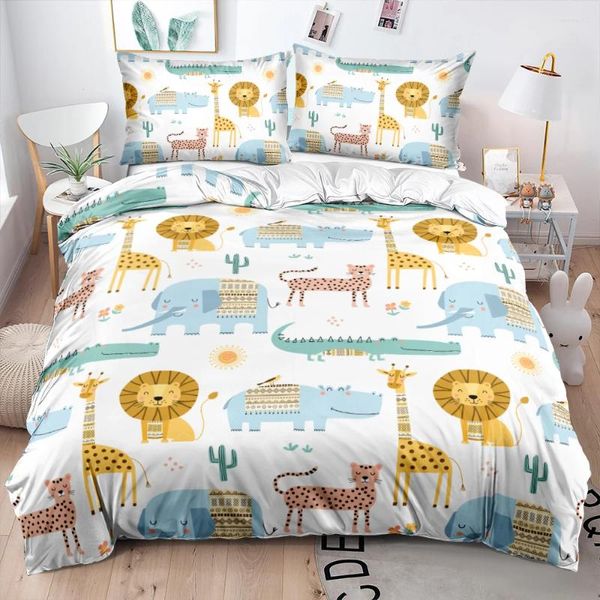 Bettwäschessätze Cartoon Serie Kinder Bettdecke Cover Set süße Löwe Giraffe Elefant Quilt Kissenbezüge weiße Bettwäsche für Mädchen/Jungen