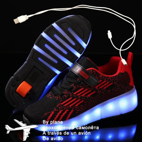 Sneaker 2841 rosa Nero USB Girniche di moda Girli ragazzi Led Scattini a rulli Light per bambini Sneaker per bambini con ruote One ruote