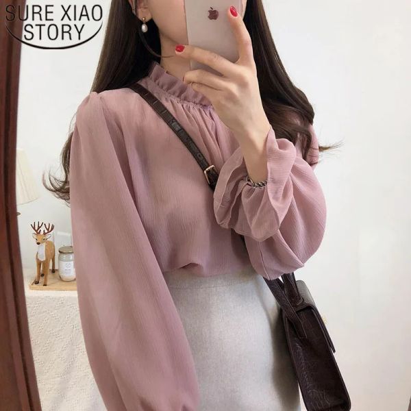 Kleider Frühling neuer koreanischer Chic Flare Sleeve Chiffon Hemd Solid süße lose Langarm Frauen Bluse Tops Pink Blusas Mujer de Moda 7880