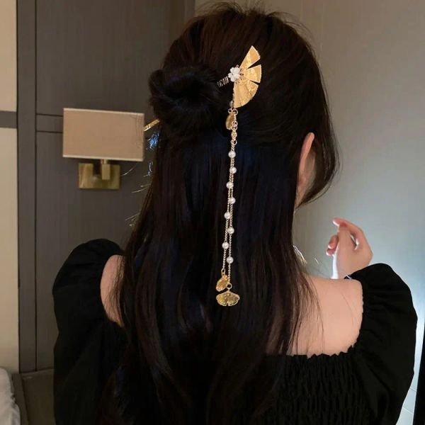 Fã de estilo chinês Fringe Hair Stick requintado Pearl Hairpin Hanfu Hair Stick Cosqueiros de cabelo Metal Tassel Hair Fork Party Party