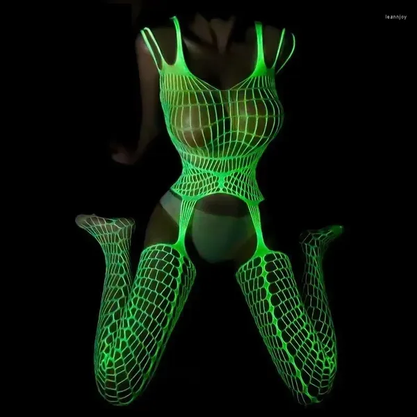 BHs setzt sexy Glühen in den dunklen Fischnetz -Porno -BodySuit Frauen Dessous offener Schritt Körperstecker Party Club leuchtende Sexkleidung