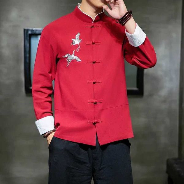 Camicie casual maschile camicie da ricamo a forma di gru tradizionali abbigliamento vintage cinese maschile in lino manicotto mezza collare madarin hanfu kungfu cardiganl2404