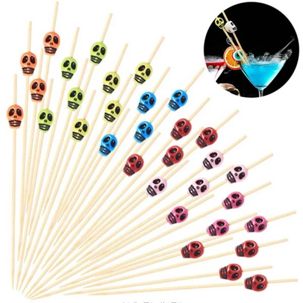 50 PCS Skull Bamboo Pick Buffet Fruit Fork Party Stick Stick Skewer Skewer Disponível Fruta Fruta Bambu Pick Bamboo