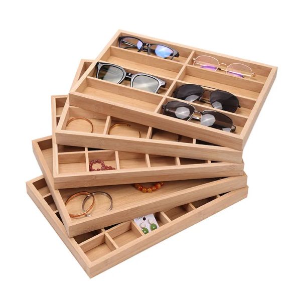 Moderno de óculos de sol naturais de bambu bandeja de organizadores de armazenamento com 8 compartimentos, bandeja de exibição de jóias para óculos de mesa