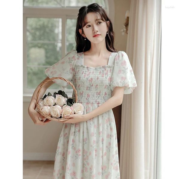 Partykleider französische romantische Blumen Fee für Sommer Green Square Neck Pastoral Vintage Robe Kleid süße Frauen Druck Chiffon