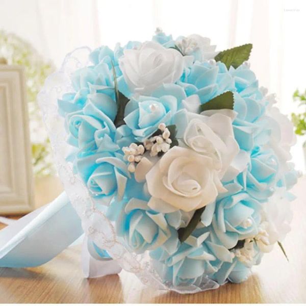 Flores decorativas Buquê de casamento Rosas de cristal Rosas de dama de honra seda artificial de noiva (azul)