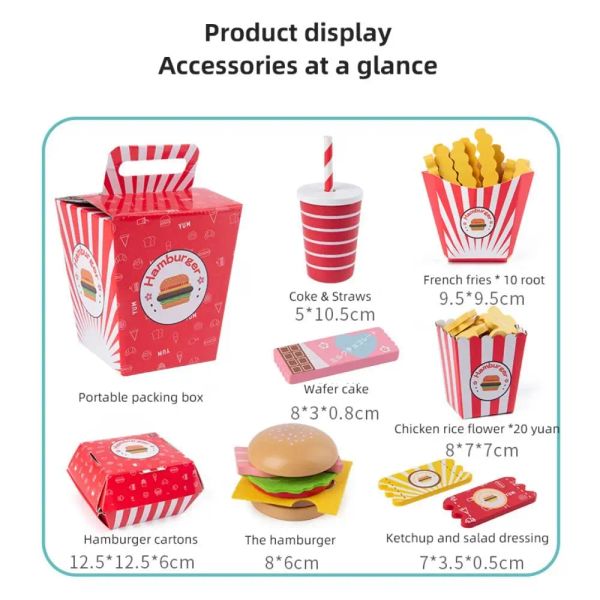 Französische Pommes Holz tun, um Spielzeugfamilie Eimer Hamburger Fast Food Set Kinderrätsel Happy Meal Spielzeug Mädchen Mädchen