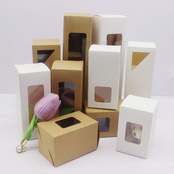 50pcs 5x5x8cm-5x5x20cm DIY Kraft /White Paper Window Box Pvc Packaging Gift Boxes para doces de casamento