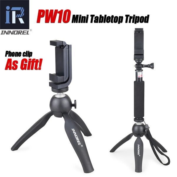 Tripés pw10 innorel multifuncional mini tabletop tripé montagem selfie stick stick clipe de clipe para câmeras sem espelhophones celulares dslr