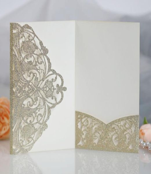 Champagne Printable Wedding Invitation Laser Cut Rose Pocket Glitter Paper Convites Quinceanera com Envelope5562988