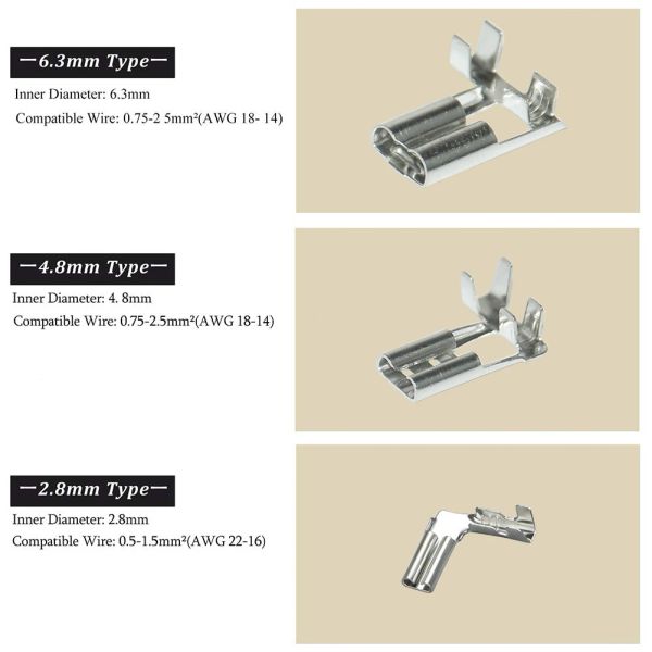100pcs/lot spade fêmea desconexão rápida 2.8/4.8/6,3mm sinalizador de prata Terminais de crimpagem elétrica Conector