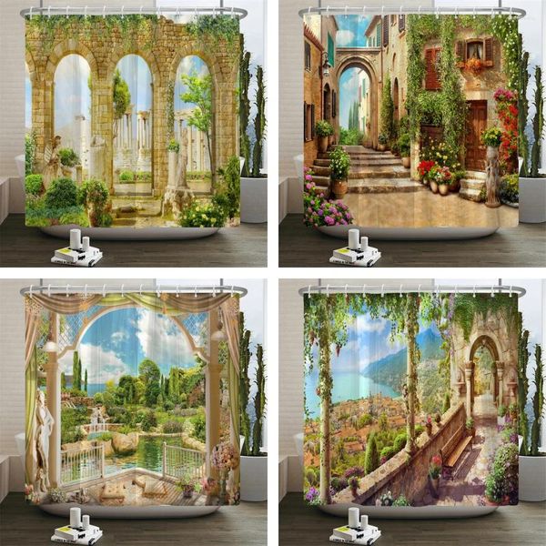 Душевые занавески 3D Arch Garden Landscape Carempact Древняя архитектура принт домашний декор полиэстер водонепроницаемый ткань ванная комната