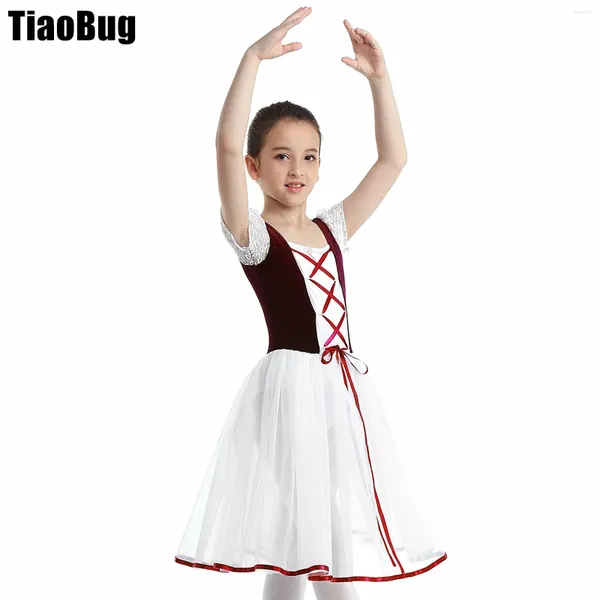 Stage Wear Girls Girls Velvet Mesh Tutu Dress Dress Lacework Sleeves Short Ballet Gymnastics collant