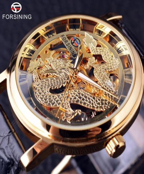 Forsining Chinese Dragon Skeleton Design Transaprent Case Gold Watch Mens Uhren Top -Marke Luxus mechanische männliche Handgelenkwache1368280