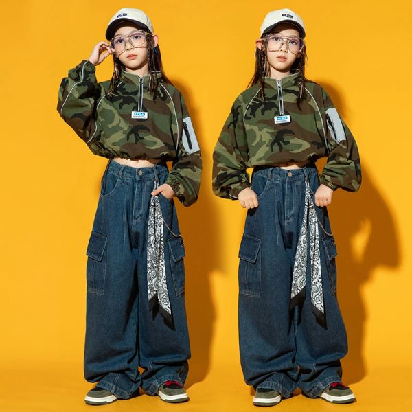 Costume da danza hip-hop per ragazze sciolte abiti kpop camuffare top top da ballo jazz performance outfit kids wead bl9199