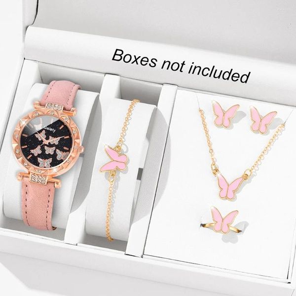 Нарученные часы 6pcs/Set Women's Shiny Afinestone Butterfly Quartz Watch и ювелирные изделия - идеальный подарок для мамы