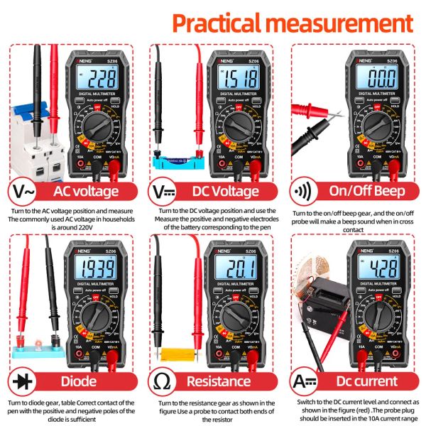 SZ06 Digital Multímetro de tensão Medidor de resistência a CA/DC Voltímetro 2000 Contagem de Diodo Eletricista Ohm Testador LCD Luz de fundo LCD