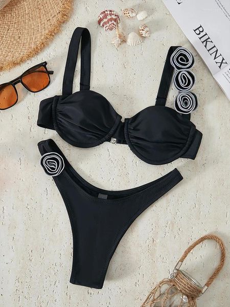 Kadın Mayo In-X Gelin Bikini Set Katı Mayo Kadınlar 2 Parça Siyah Sütyen Yukarı 2024 Üçgen Kore tarzı kız